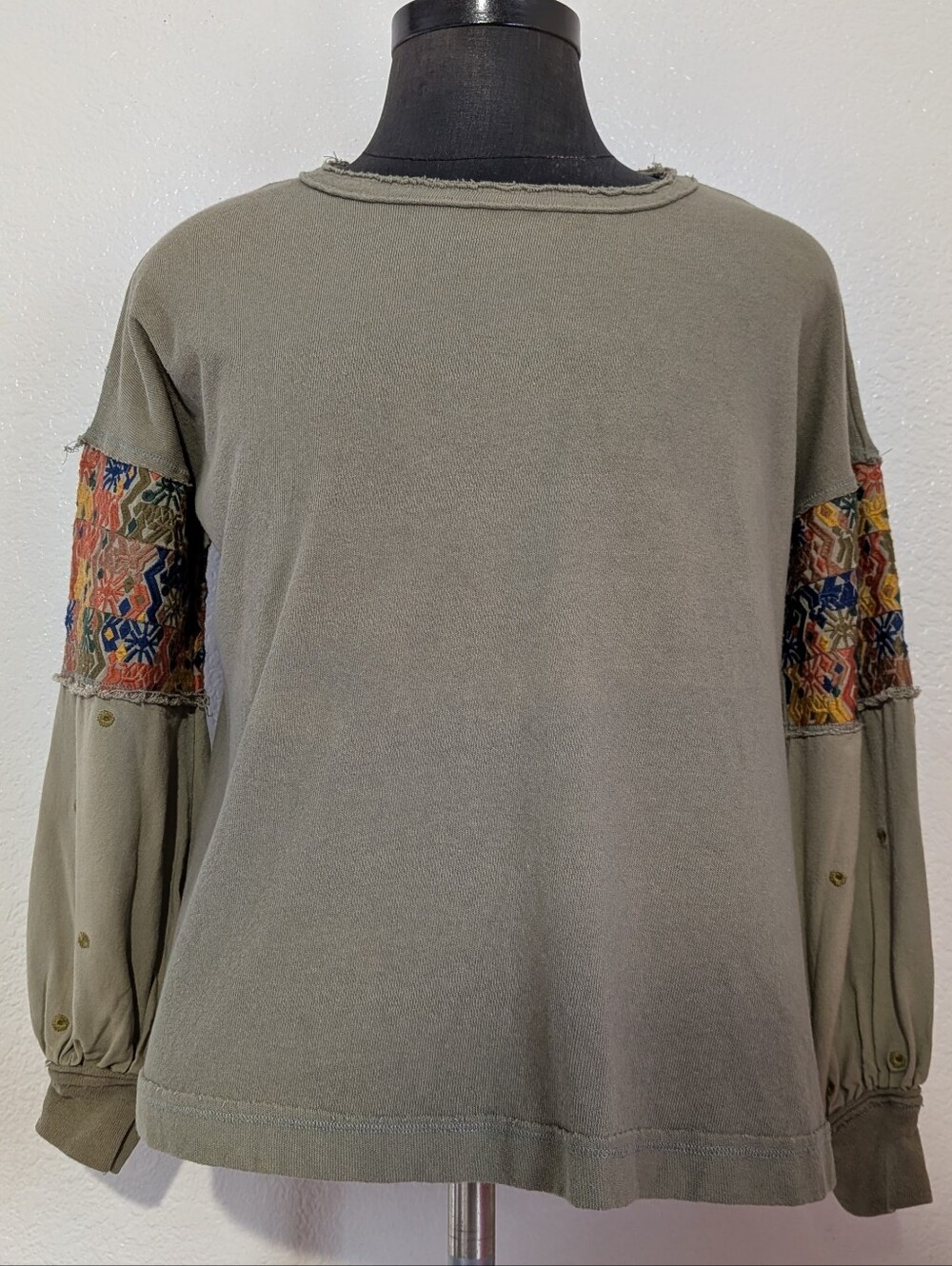 In Loom oom Olive Green Pullover with Multicolor Embroidered Sleeve Panels Sm